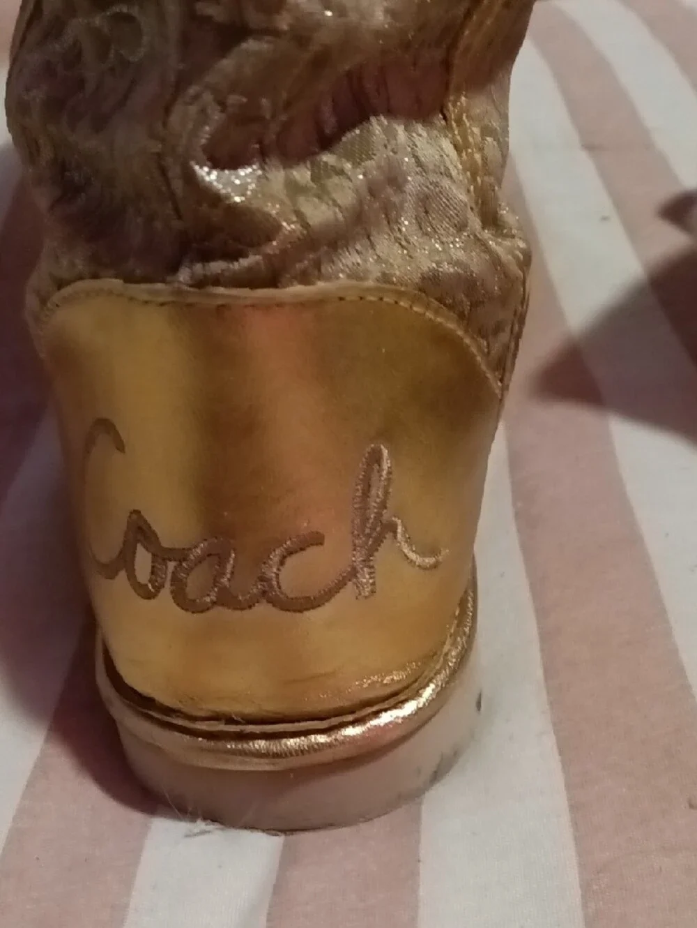 Coach Metallic Gold Logo Shearling Cuff Ankle Boots